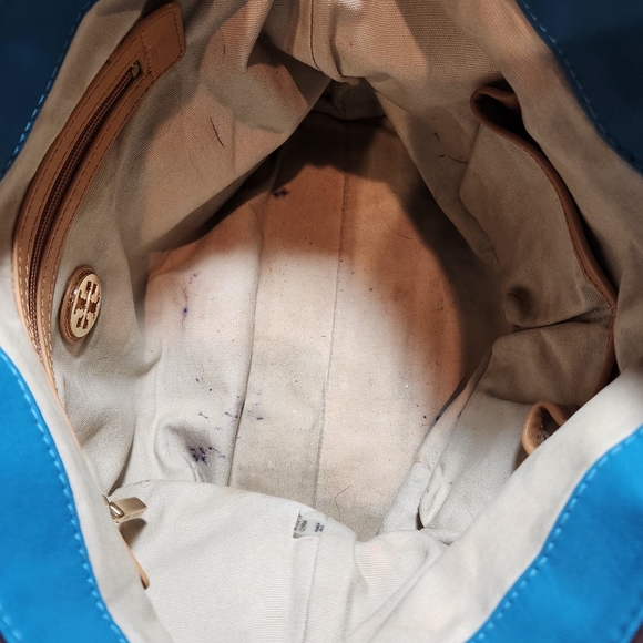 TORY BURCH Jaden Blue Brown Canvas Leather Tote Bag - Picture 2 of 11